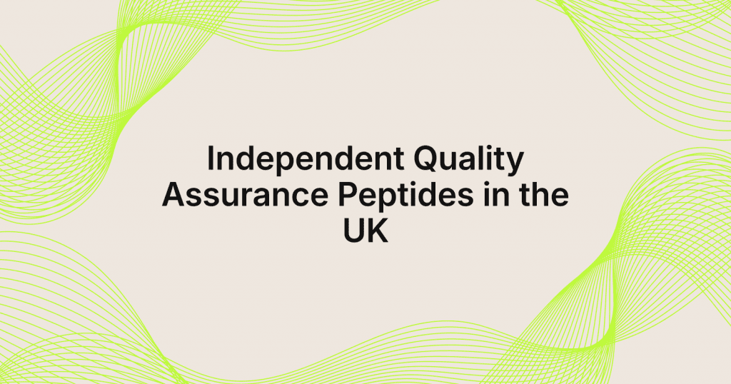 Hero banner with lime-green flowing lines on a beige background and a centered headline: 'Independent Quality Assurance Peptides in the UK'.