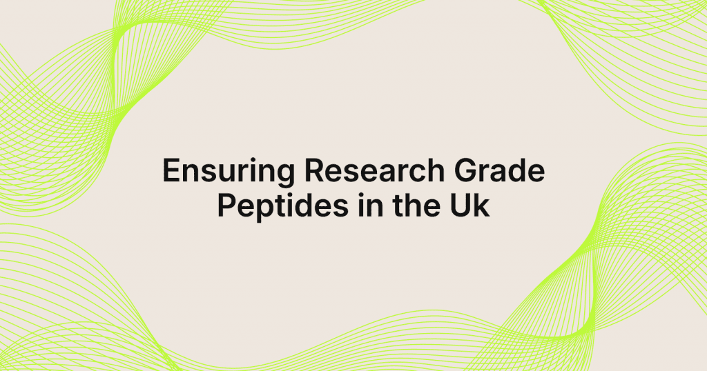 Slide title: 'Ensuring Research Grade Peptides in the Uk', with lime-green curved lines framing a light beige background.