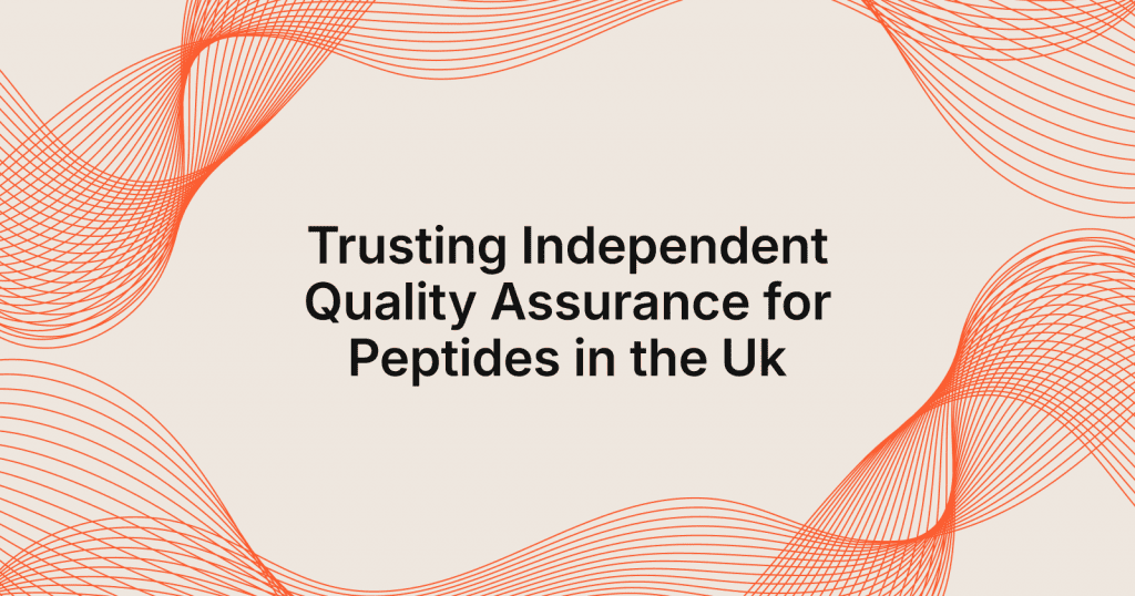 Bold beige hero with orange flowing lines framing the headline: 'Trusting Independent Quality Assurance for Peptides in the UK'