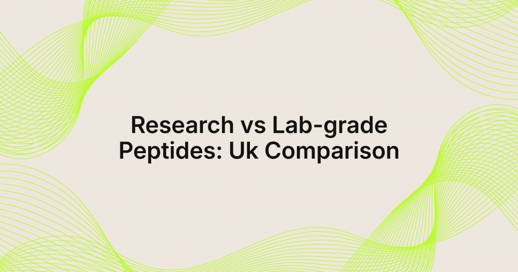 7594f555-902c-4847-8bce-e1ae57f02e70-1785776570105 - Natty Peptides Hero banner with lime-green abstract curves framing a bold title: 'Research vs Lab-grade Peptides: UK Comparison' on a beige background
