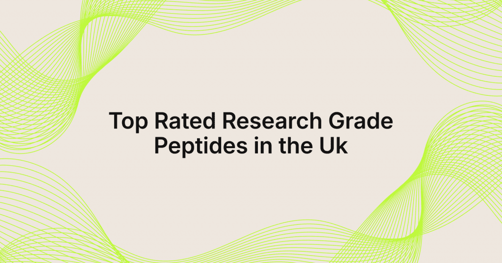 Headline reads: Top Rated Research Grade Peptides in the UK, with lime curved lines on a beige background.