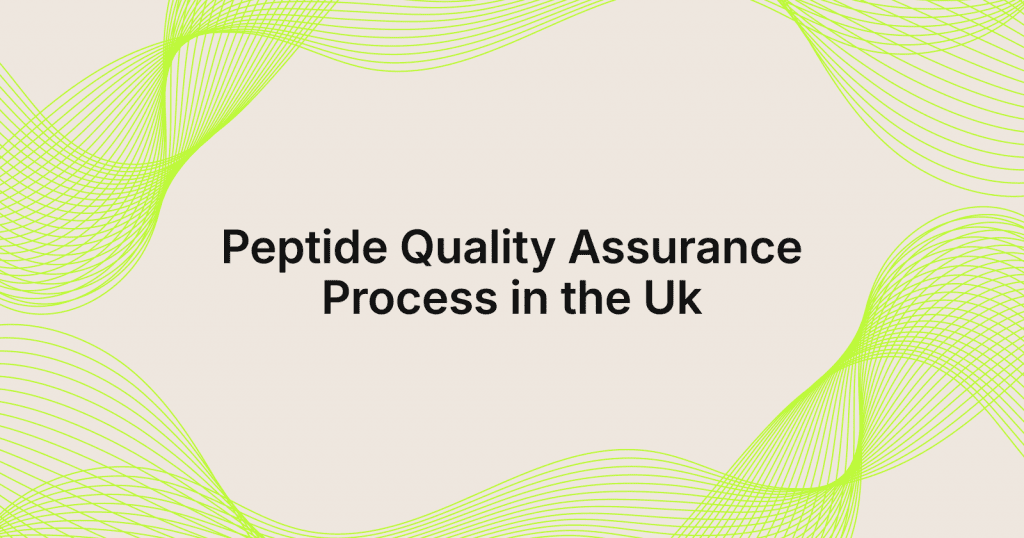 Banner with lime-green wavy lines on a beige background and the title: 'Peptide Quality Assurance Process in the UK' centered in black text