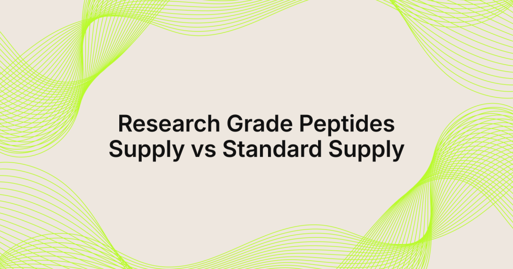 Slide title: 'Research Grade Peptides' and 'Supply vs Standard Supply' on a beige background with lime curved lines.