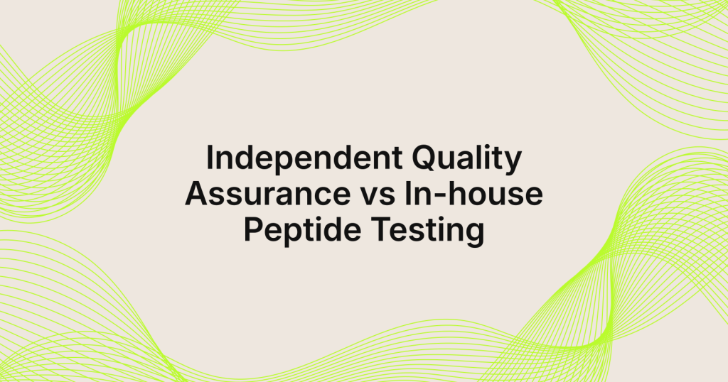 Hero title slide: compares Independent Quality Assurance vs In-house Peptide Testing with decorative green wave patterns on a beige background.