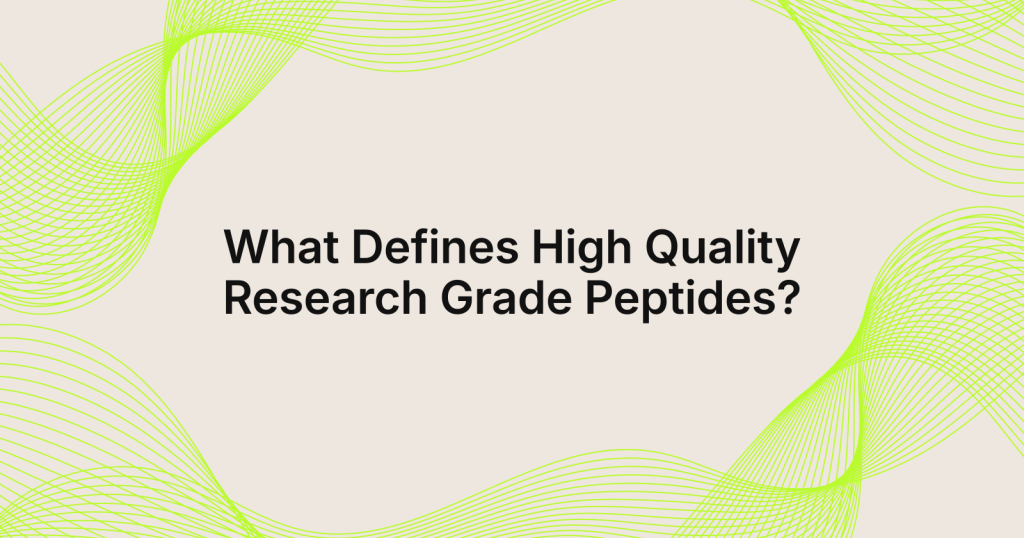 Banner slide with beige background and lime green swirling lines; title reads 'What Defines High Quality Research Grade Peptides?'
