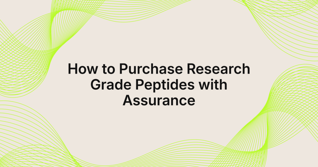 Abstract beige banner with lime-green wavy lines framing the centered title: How to Purchase Research Grade Peptides with Assurance